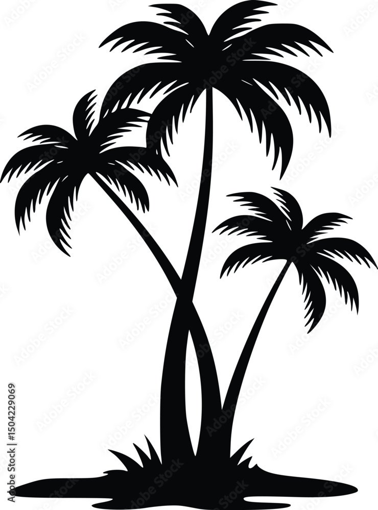 Fototapeta premium Silhouette illustration of three palm trees growing from one trunk, perfect for tropical, beach, or vacation-inspired artwork