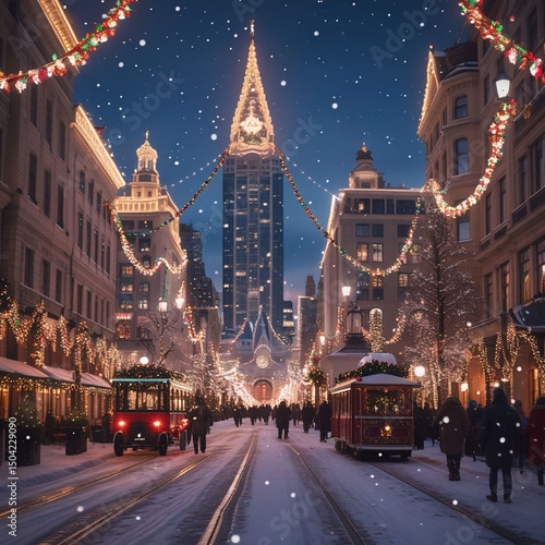 Festive Christmas City Street with Illuminated Decorations and Snow
