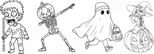 Festive halloween coloring page design with spooky zombie, fun dancing skeleton, and ghost with pumpkin for kids and adults

