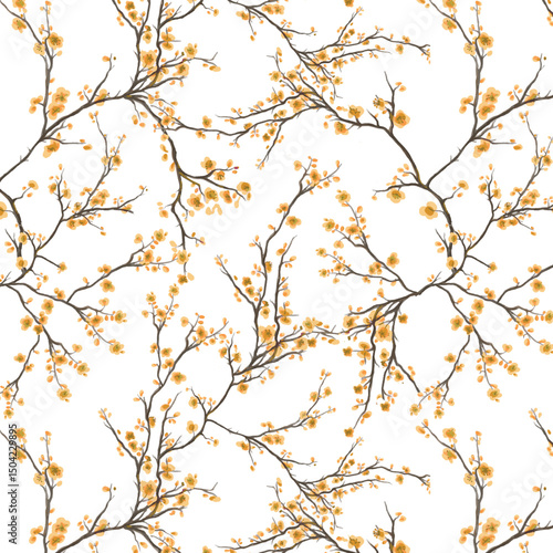 Vector watercolor flower continuous, seamless watercolor flower, floral pattern, flowing repeat pattern, yellow floral