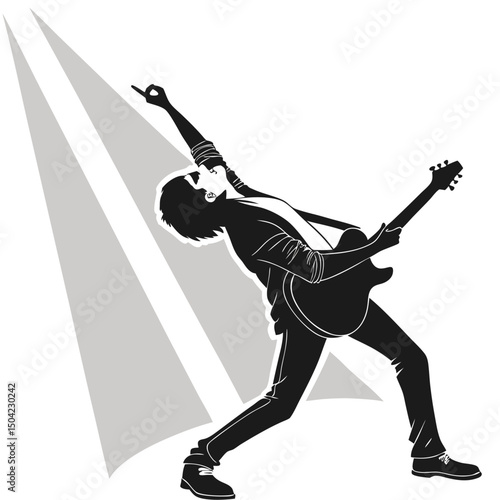 Solid black silhouette of a guitarist strumming, vector EPS