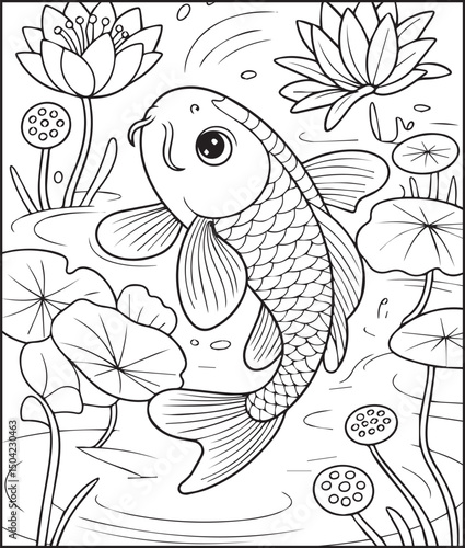 Beautiful koi fish with flower on water vector outline illustration for kids coloring book design