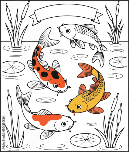 Beautiful koi fishes playing on water vector outline illustration for kids coloring book design