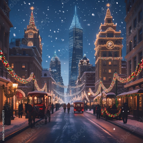 Magical Christmas Cityscape with Festive Lights and Snowfall