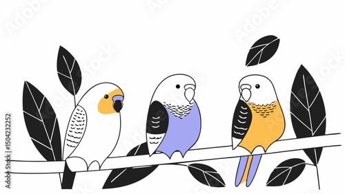 Vector group of beautiful lovebirds various colors perched branch surrounded by leaves, showcasing their vibrant plumage and charm, Copy space