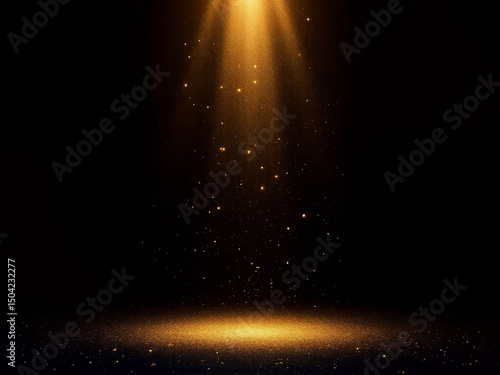 Golden light beams on black background, spotlight design effect.