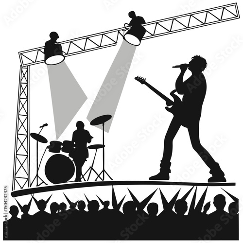 Solid black silhouette of a guitarist strumming, vector EPS