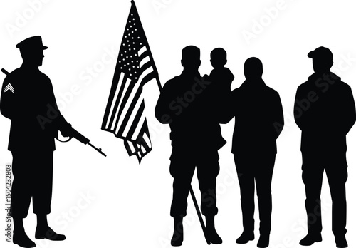  ‍Silhouette of a soldier with a rifle guarding a group of people holding an american flag on veterans day