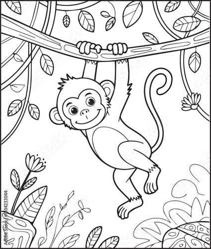 Cute monkey hanging on a tree branch in natural background vector outline for children animal books