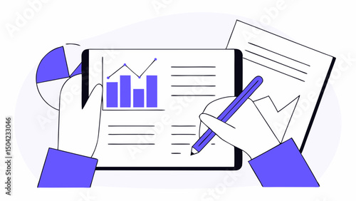 Vector person using tablet to analyze data and write notes, showcasing productivity and organization, Copy space