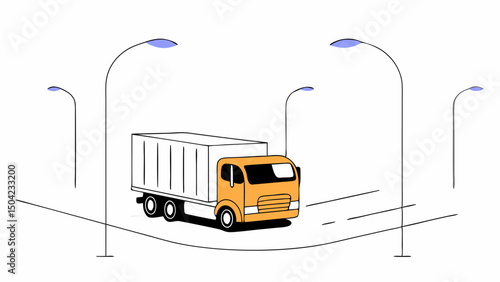 Vector bright orange truck drives on road surrounded by street lamps, showcasing modern urban scene, Copy space