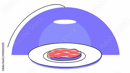 Vector raw hamburger patty on plain white plate, covered by cloche, evokes anticipation for delicious meal, Copy space