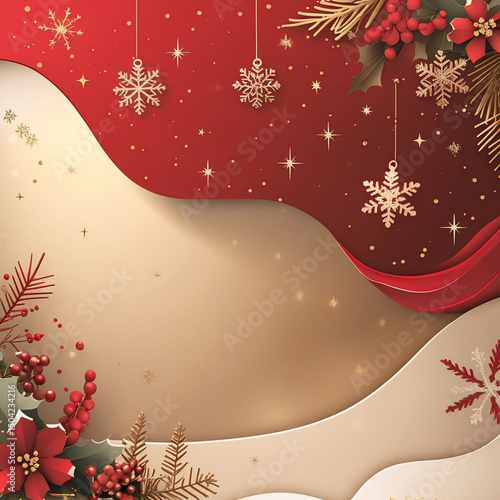 Elegant Christmas Background with Gold Snowflakes and Red Decorations