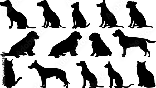 "Graphic design of animal silhouettes — a flat, two-dimensional composition featuring multiple breeds of dogs and cats in black silhouette against a white background. The animals are arranged like ico