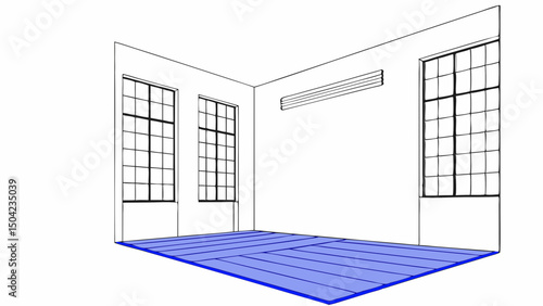 Vector spacious loft interior featuring empty wooden floor and gray walls, creating serene atmosphere, Copy space