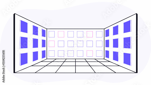 Vector modern interior space featuring grid layout with blue and pink accents walls, creating vibrant atmosphere. design emphasizes, Copy space