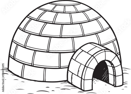 Igloo Vector Illustration, Sketch Drawing Line Linear Symbol Icon Engraving Coloring Book, Hand-drawn Black and White Isolated
