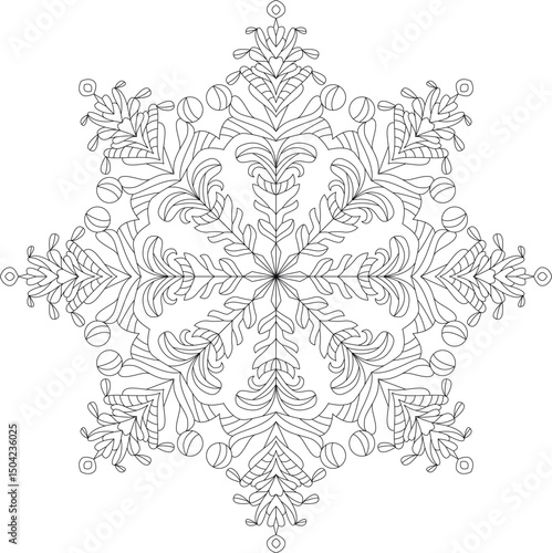 snowflake coloring book, vector image of new year pattern, frosty round ornament for coloring, christmas outline decor for antistress and relaxation