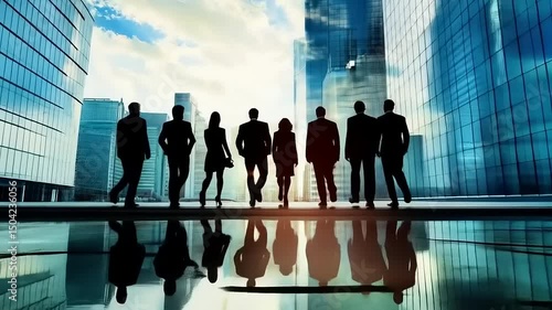 Diverse business team walking toward the future against a city landscape