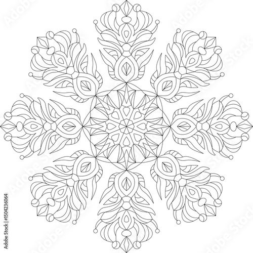 snowflake coloring book, vector image of new year pattern, frosty round ornament for coloring, christmas outline decor for antistress and relaxation