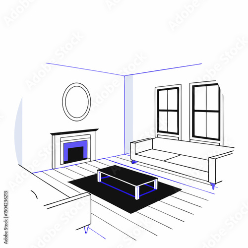 Vector modern interior design featuring spacious living room with minimalist furniture, fireplace, and large windows, Copy space