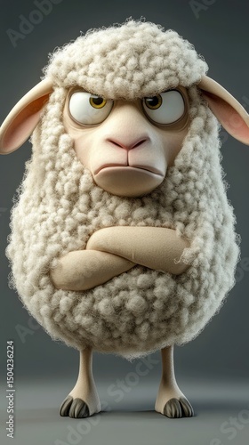 Grumpy Sheep 3D Render: An Angry Cartoon Sheep with Folded Arms