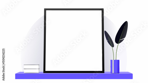Vector modern wooden shelf displays blank frame and potted plant, creating minimalist and stylish atmosphere, Copy space