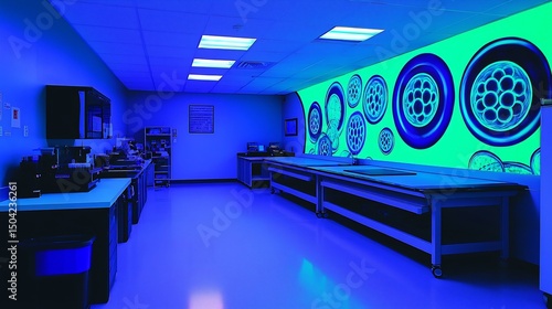 Pathology laboratory feature bold mural depicting magnified cell swirling DNA strand glow under blacklight High tech lab bench automated tool bring futuristic vibe workspace Color Palette Neon green