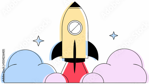 Vector rocket launches into sky, surrounded by fluffy clouds and sparkling stars, evoking sense of adventure, Copy space