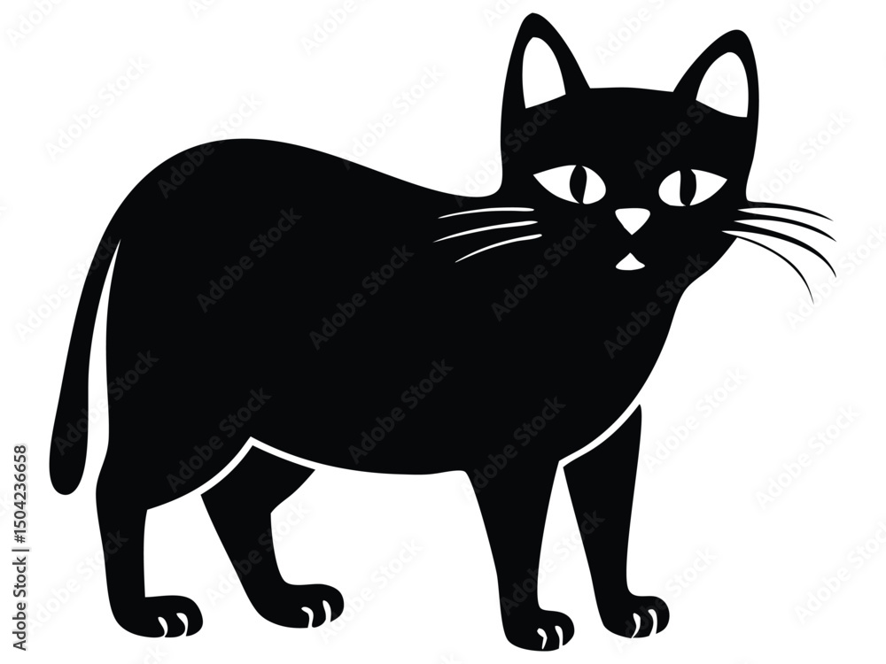 Fototapeta premium Black cat vector illustration with white eyes and whiskers, standing in profile