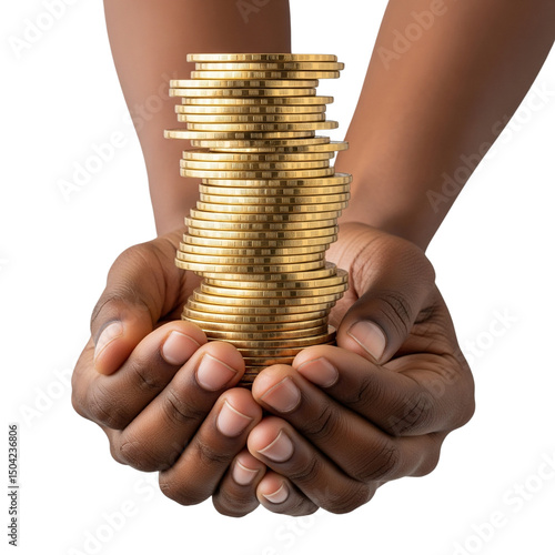 Hands holding stacked gold coins isolated on transparent background