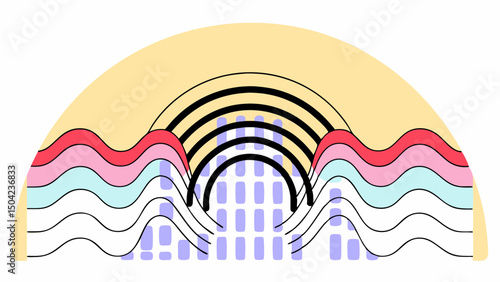 Vector Colorful sound waves create vibrant audio spectrum with layered curves and arches, evoking sense of rhythm and energy, Copy space