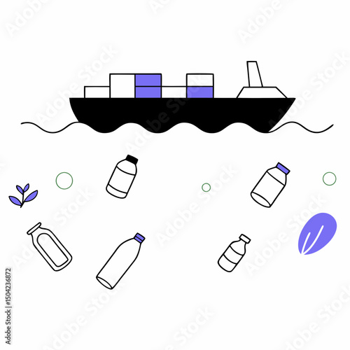 Vector cargo ship with containers sails through water, surrounded by floating bottles and leaves, highlighting environmental concerns, Copy space
