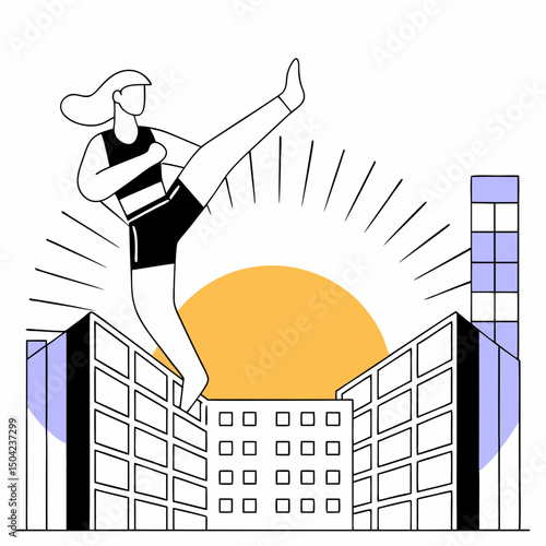 Vector female kickboxer is jumping air, performing high kick against backdrop of buildings and rising sun, showcasing strength, Copy space