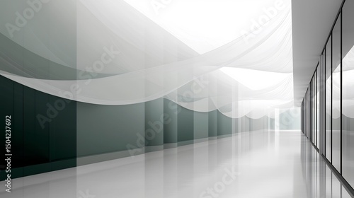 Sterile corridor features minimalistic mural flowing abstract lines suggesting airflow sterility Shades of white soft green contribute to a calm and hygienic ambiance Color Palette White soft green