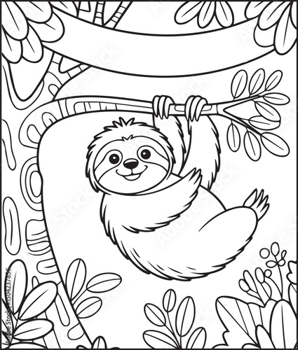 Cute sloth hanging on a tree branch outline vector for children coloring page