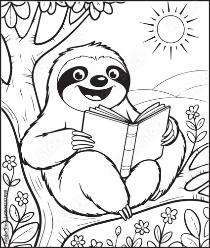 Cute sloth reading book on a tree branch outline vector for children coloring page