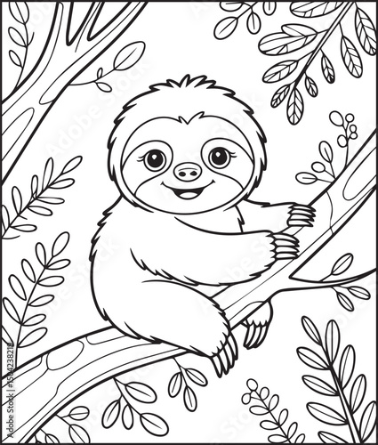 Cute sloth sitting on a tree branch outline vector for children coloring page