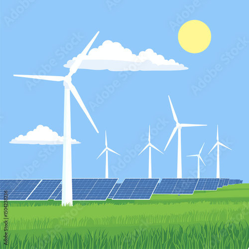 Sustainable Energy: Wind Turbines and Solar Panels in a Green Field