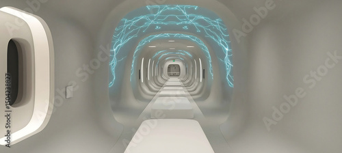 Sterile corridor feature abstract mural of interconnected neuron glowing electric blue symbolizing complexity of human brain medical breakthrough neurology Soft gray wall highlight neural network