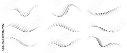 Abstract dotted halftone waves collection. Black and white digital wavy dot, twisted wave line and halftone gradient pattern. Elements on white background for business, education and technology.