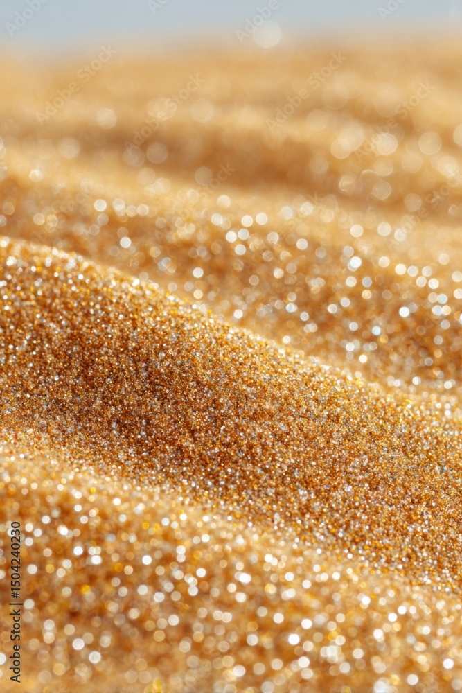 Close-up view of golden sand with sparkling grains reflecting sunlight, creating a shimmering texture that evokes a sense of warmth and tranquility in a natural environment Close-up view of golden sand with sparkling grains reflecting sunlight, creating a shimmering texture that evokes a sense of warmth and tranquility in a natural environment