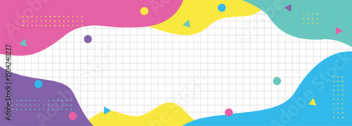 Vector illustration horizontal wavy colorful frames on transparent checked background. Yellow purple pink green blue geometric shapes. Color cartoon childish design style. Image funny summer hot sale