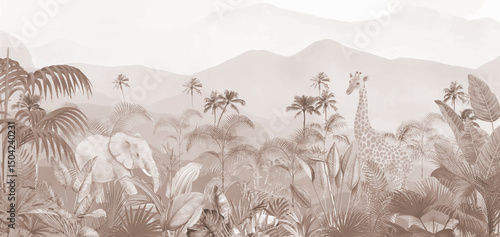 Fototapeta Naklejka Na Ścianę i Meble -  Subtle Beige Jungle Scene with Distant Peaks, Minimalist Nature Background
