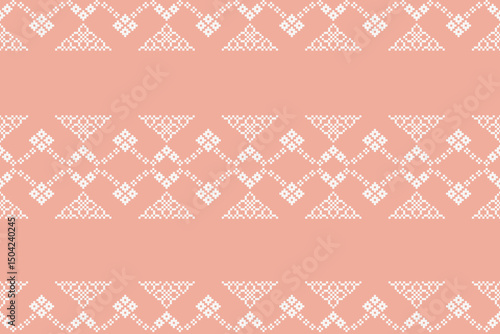 Ethnic geometric fabric pattern Cross Stitch.Ikat embroidery Ethnic oriental Pixel pattern rose pink gold background. Abstract,vector,illustration. Texture,clothing,scarf,decoration,silk wallpaper.