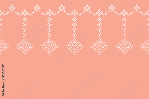 Ethnic geometric fabric pattern Cross Stitch.Ikat embroidery Ethnic oriental Pixel pattern rose pink gold background. Abstract,vector,illustration. Texture,clothing,scarf,decoration,silk wallpaper.