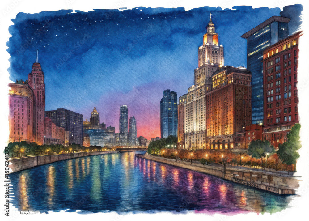 Obraz premium Cityscape painting of chicago skyline at night with river reflection art print and wall decor design isolated on transparent background