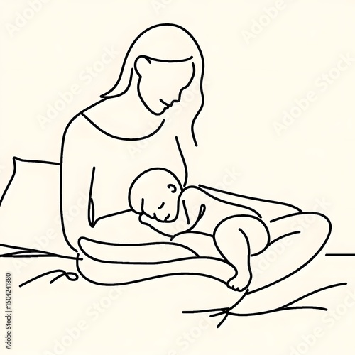Mother gently holding sleeping baby in minimalist line art style, single line outline  