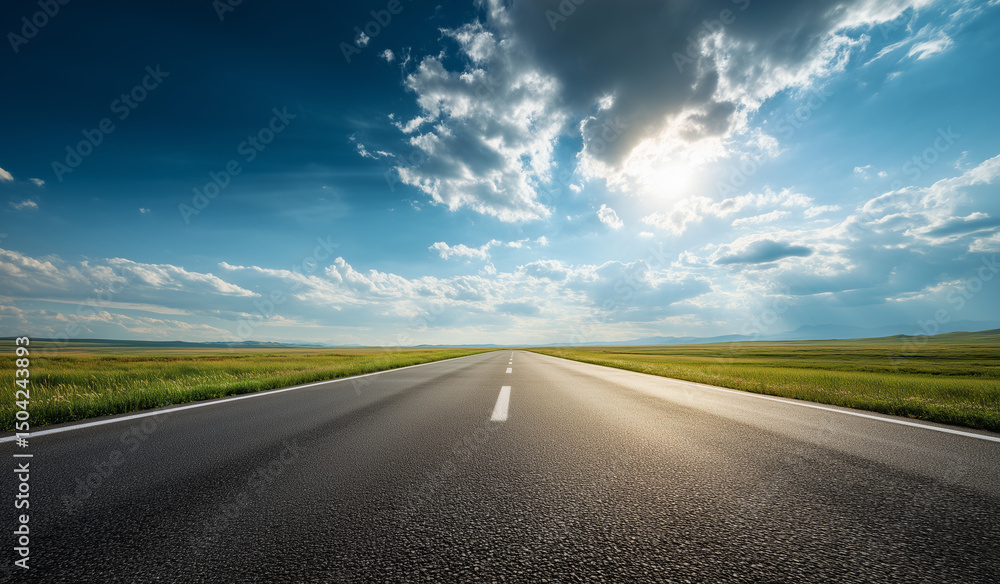 Naklejka premium A wide, empty road stretches across a beautiful landscape