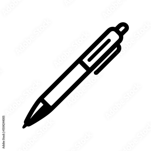 Flat black vector icon of a ballpoint pen with simple line design.
